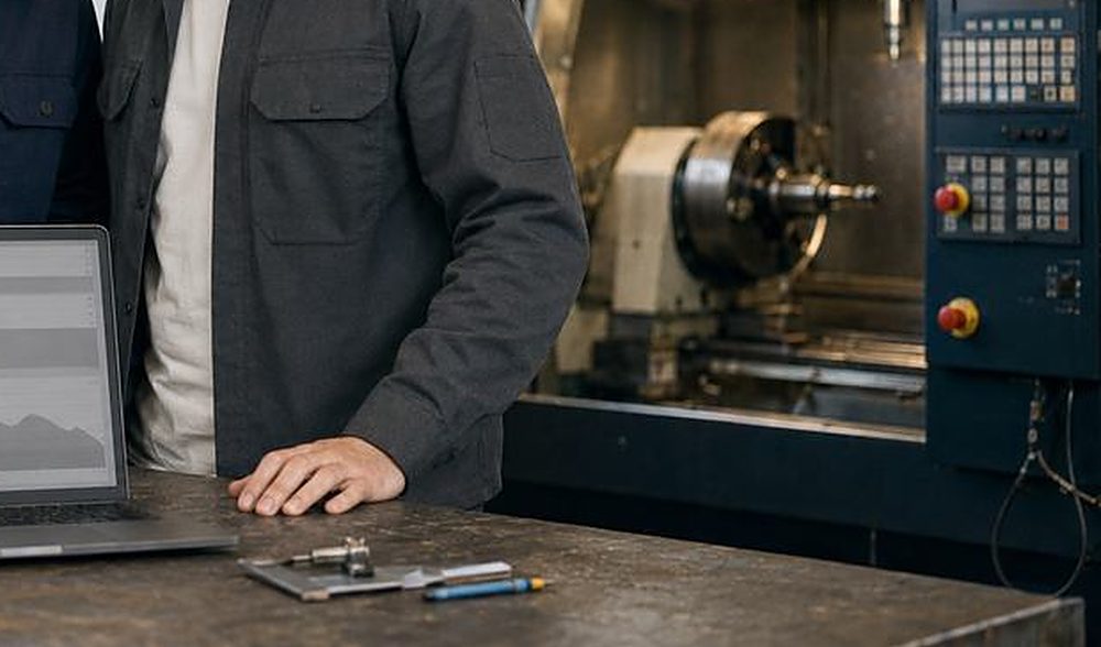 Werkbank mit Laptop vor einer CNC-Maschine
