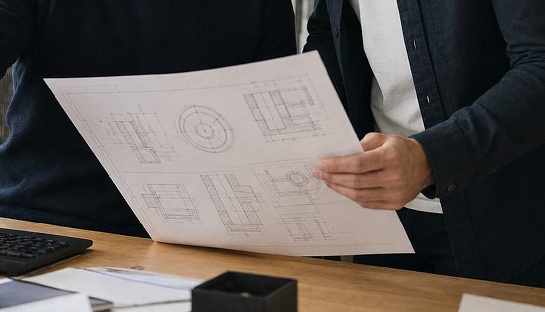 Technische Zeichnung in den Händen am Schreibtisch